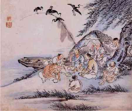 Kim Deuksin, "강변회음" or "Eating Raw Fish By the River"